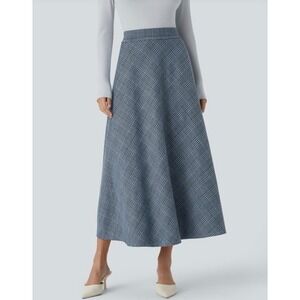 NWT Halara High Waisted Pocket Houndstooth Plaid Flare Midi Casual Skirt‎ Grey M